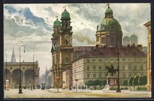 AK München, Theatinerkirche, Reiterdenkmal