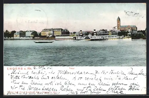 AK Engers a. Rh., Totalansicht mit Rhein, Dampfschiff und Kirche