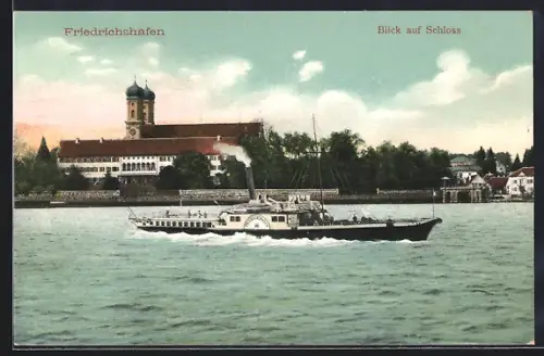 AK Friedrichshafen, Blick auf Schloss und Dampfschiff
