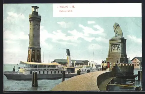 AK Lindau i. B., Hafen mit Leuchtturm und Bayerischem Löwen