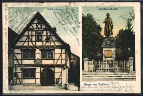 AK Marbach / Neckar, Schillerhaus, Schillerdenkmal