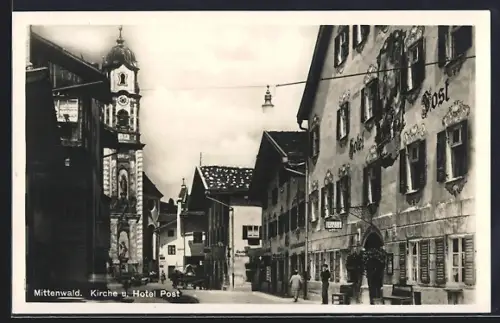 AK Mittenwald, Kirche, Hotel Post