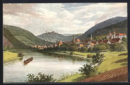 Künstler-AK Neckargemünd, Ort mit Blick auf den Dilsberg, Schloss Brugghalden