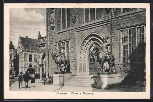 AK Bremen, Ritter am Rathaus mit Strassenbahn