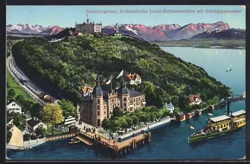 AK Leoni /Starnberger See, Drahtseilbahn Leoni-Rottmannshöhe mit Gebirgspanorama
