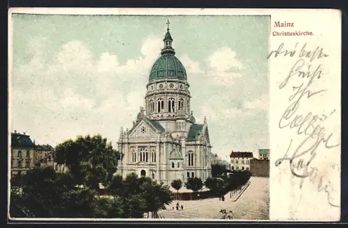 AK Mainz, Christuskirche mit Strassenpartie