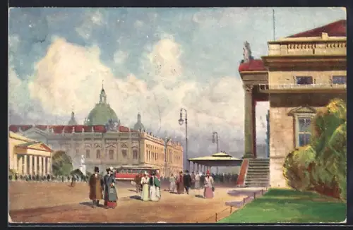 Künstler-AK Berlin, Zeughaus Unter den Linden mit Strassenbahn