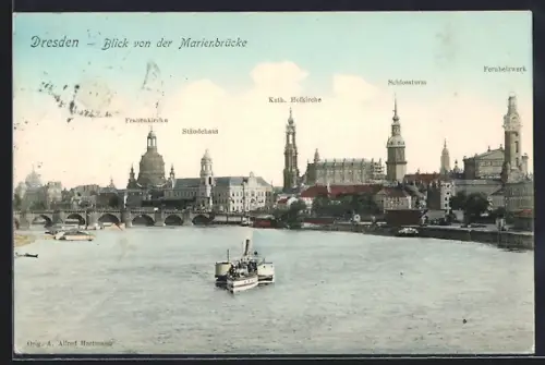 AK Dresden, Blick von der Marienbrücke mit Fernheizwerk und Schlossturm