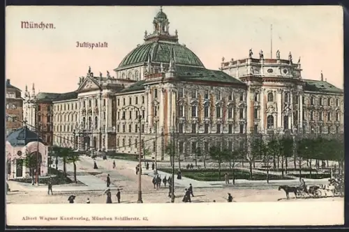 AK München, Pferdekutsche u. Passanten am Justizpalast