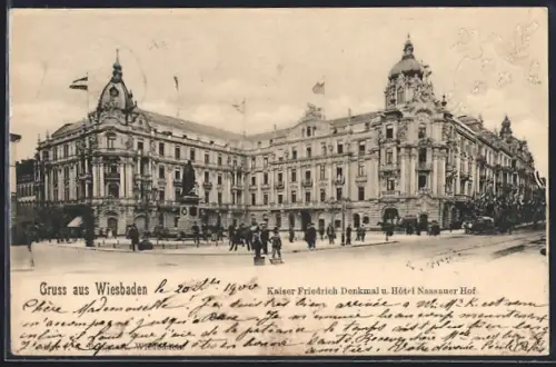 AK Wiesbaden, Kaiser Friedrich-Denkmal und Hotel Nassauer Hof