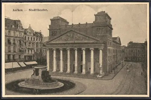 AK Aachen, Stadttheater mit Brunnen und Strassenbahn