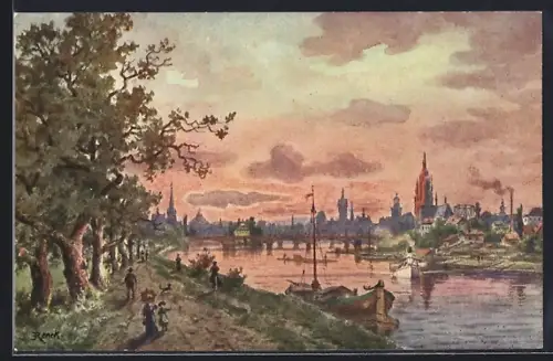 Künstler-AK Frankfurt / Main, Stadt in Abendstimmung