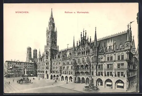 AK München, Rathaus mit Brunnen, Strassenbahn