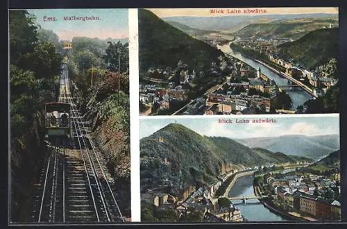AK Bad Ems, Malbergbahn, Blick Lahn auf- und abwärts