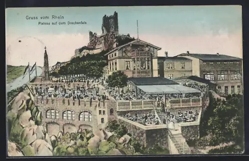 Künstler-AK Drachenfels /Rhein, Plateau mit Gastwirtschaft und Ruine