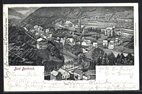 Lithographie Bad Bertrich, Totalansicht mit Kirche