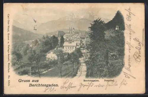 AK Berchtesgaden, Strassenpartie mit Kirche im Nonnthal