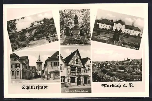 AK Marbach a. N., Schillerdenkmal, Schillers Geburtshaus, Schillermuseum