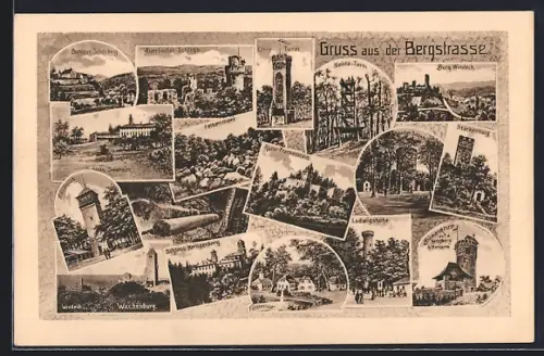 Lithographie Bensheim /Bergstrasse, Bismarckturm auf d. Hemsberg, Melibocus, Wachenburg, Ludwigshöhe, Burg Windeck