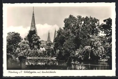 AK Oldenburg i. O., Schlossgarten mit Lambertikirche