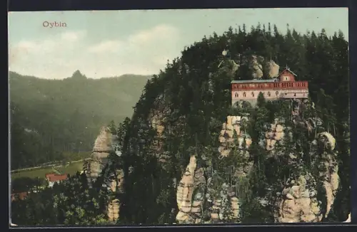 AK Oybin, Felsen mit Berghaus