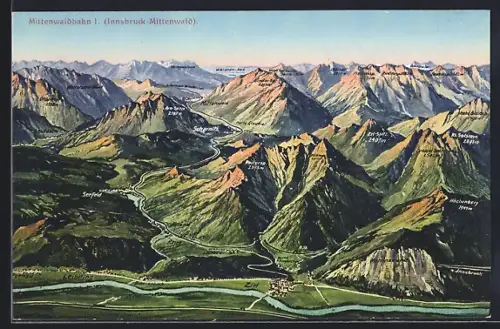 Künstler-AK Zirl, Karte mit Gebirgspanorama, Scharnitz, Seefeld, Mittenwald