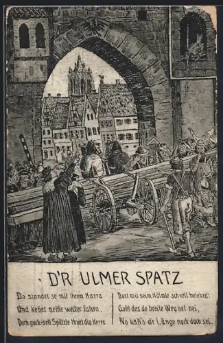 Lithographie Ulm / Donau, Der Ulmer Spatz, Gedicht, Pferdefuhrwerk