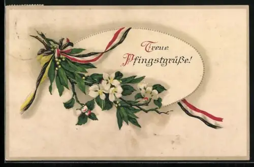 AK Kriegspfingsten, Blumenstrauss mit Schleife in Farben der Mittelmächte