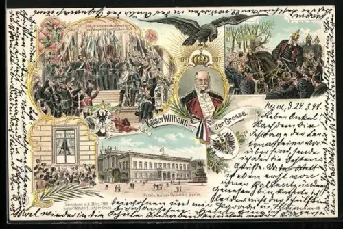 Lithographie Porträt von Kaiser Wilhelm I., Kaiserproklamation