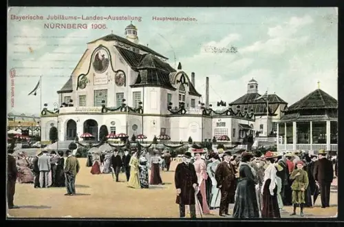 AK Nürnberg, Bayrische Jubiläums-Landes-Ausstellung 1906, Besucher am Hauptrestaurant