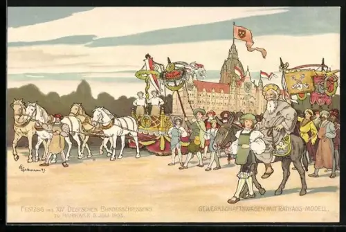 Lithographie Hannover, XIV. Deutschen Bundesschiessen 1903, Festzug, Gewerkschaftswagen mit Rathhaus-Modell