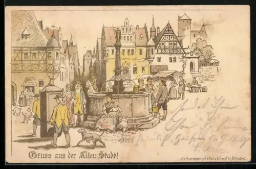 Lithographie Dresden, Brunnen in der Alten Stadt