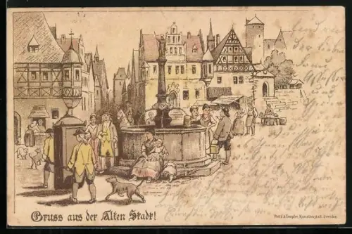 Lithographie Dresden, Brunnen in der Alten Stadt