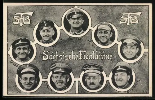 AK Sächsische Frontbühne, Darsteller mit Uniformmützen