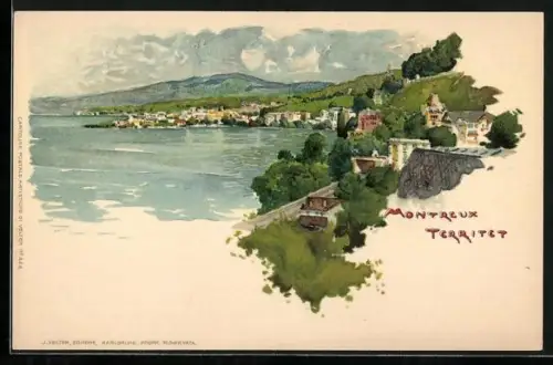Lithographie Montreux, vue avec Territet et le bord du lac