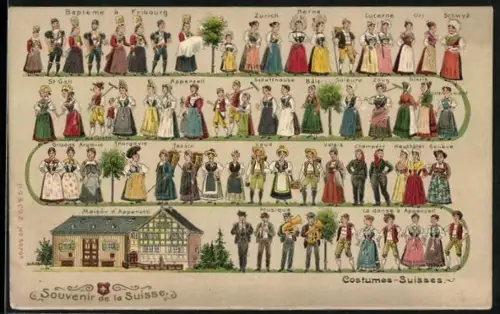 Künstler-AK Schweizer Trachten aus verschiedenen Regionen, Costumes Suisses