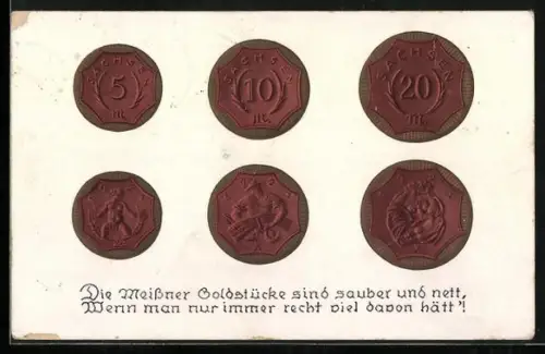 AK Meissen, diverse Geldstücke aus Porzellan