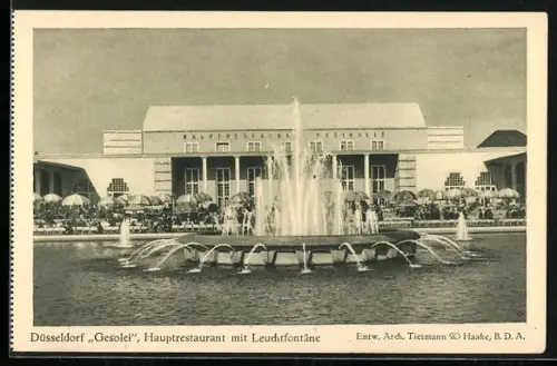 AK Düsseldorf, Grosse Ausstellung Gesolei 1926, Hauptrestaurant mit Leuchtfontäne