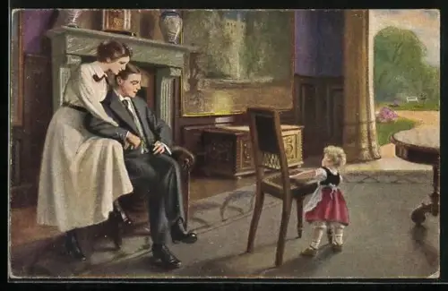 Künstler-AK F. Zemt: Eltern und ihr Töchterchen am Kamin