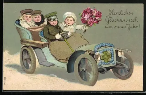 AK Kinder mit Blumen im Auto, Glückwunsch
