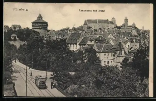 AK Nürnberg, Panorama mit Burg und Strassenbahn