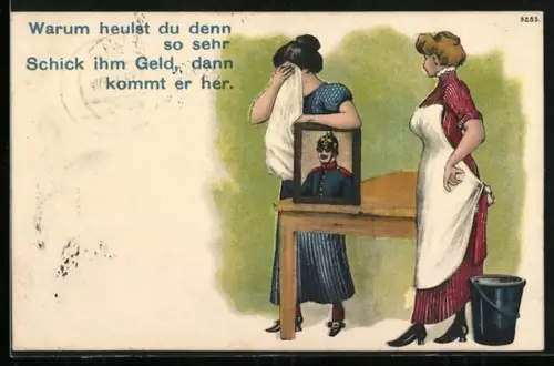AK Weinende Frau mit dem Foto eines Soldaten