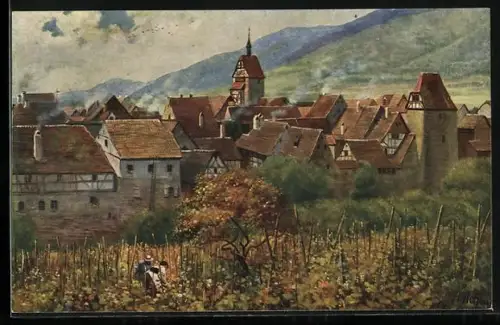 Künstler-AK Reichenweiher, Ortsansicht im Herbst