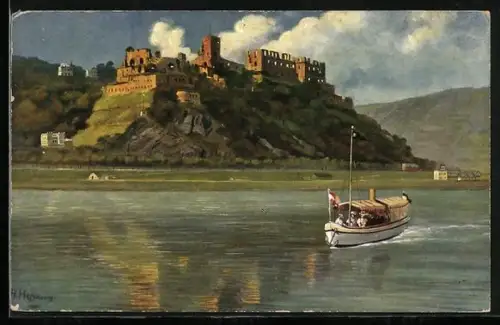 Künstler-AK H. Hoffmann: Ruine Rheinfels, Passage eines Ausflugsdampfers