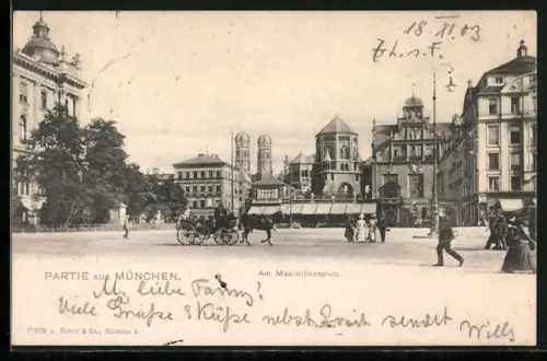 AK München, Maximilianplatz mit Frauenkirche und Synagoge