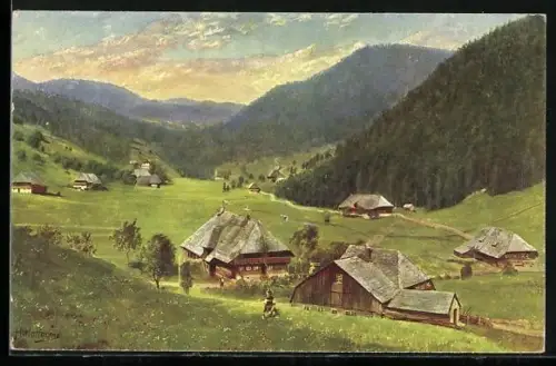 Künstler-AK H. Hoffmann: Hinter-Todtmoos, Gesamtansicht im Tal