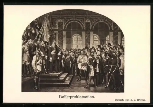 AK Kaiserproklamation Kaiser Wilhelm I. im Spiegelsaal von Schloss Versailles, Otto v. Bismarck
