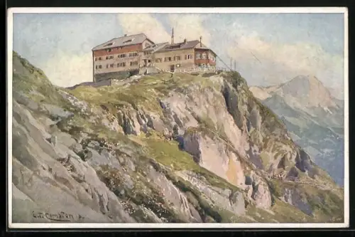 Künstler-AK Edward Theodore Compton: Blick auf das Watzmannhaus, Berghütte