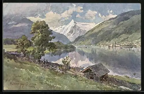 Künstler-AK Edward Harrison Compton: Zell am See, Blick über den See auf den Ort