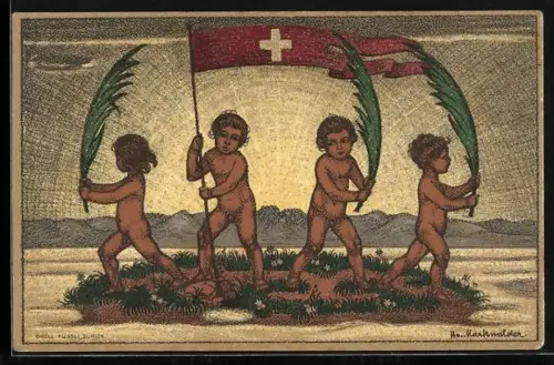 AK Schweizer Bundesfeier 1916, Für die Notleidenden Wehrmänner, Kinder mit Flagge